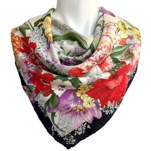 Vintage Silk Floral Scarf | Botanical Garden Print | Hand Rolled Edges